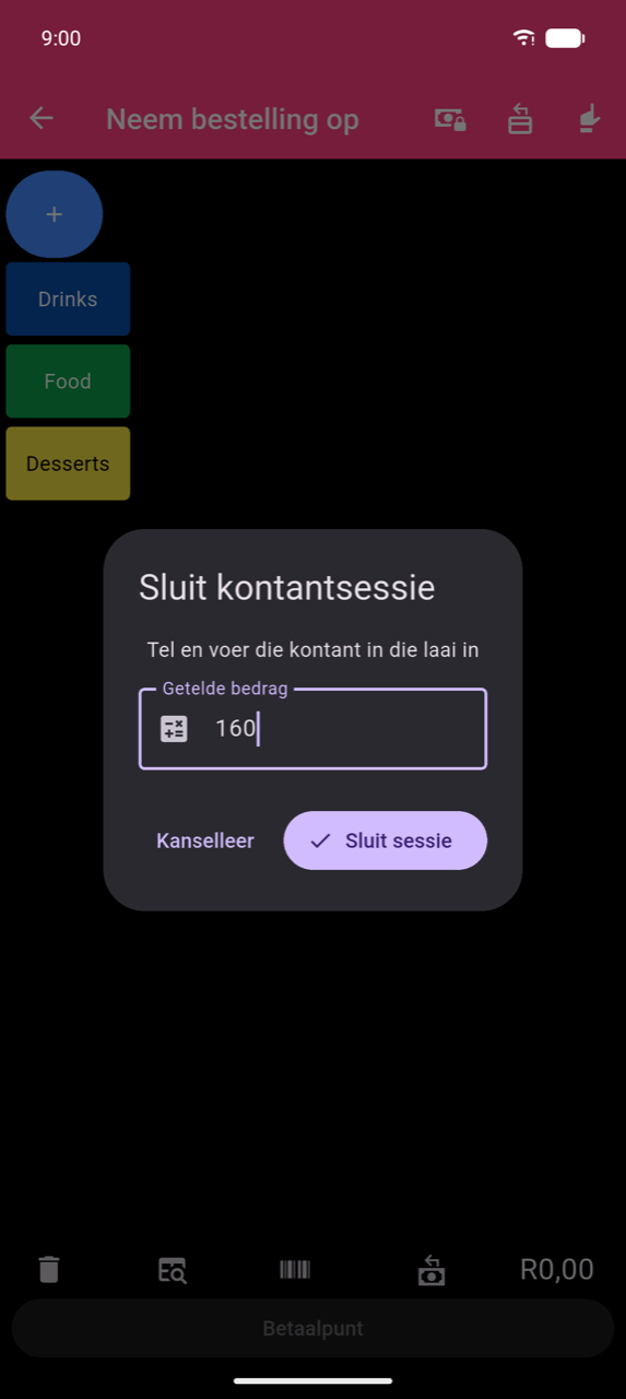Sluit kontantsessie-dialoog: "Count and enter the cash in the drawer", Getelde bedrag-veld met 160, Kanselleer- en Sluit sessie-knoppies