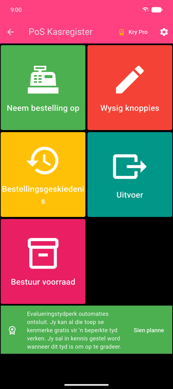 Tuisspyskaart: vyf gekleurde teëls (Neem bestelling op, Wysig knoppies, Bestellingsgeskiedenis, Uitvoer, Bestuur voorraad) met die ratikoon in die pienk toepassingsbalk