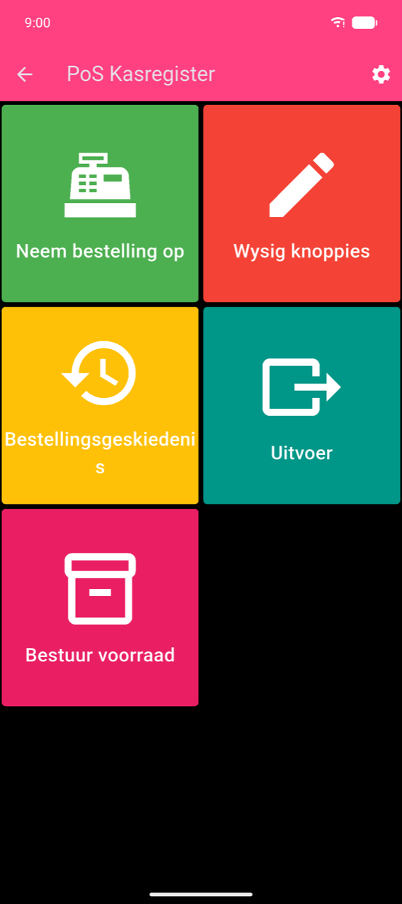 Tuisspyskaart: vyf gekleurde teëls — Neem bestelling op (groen), Wysig knoppies (rooi), Bestellingsgeskiedenis (geel), Uitvoer (blousee), Bestuur voorraad (pienk) — met die ratikoon regs bo in die toepassing se balk