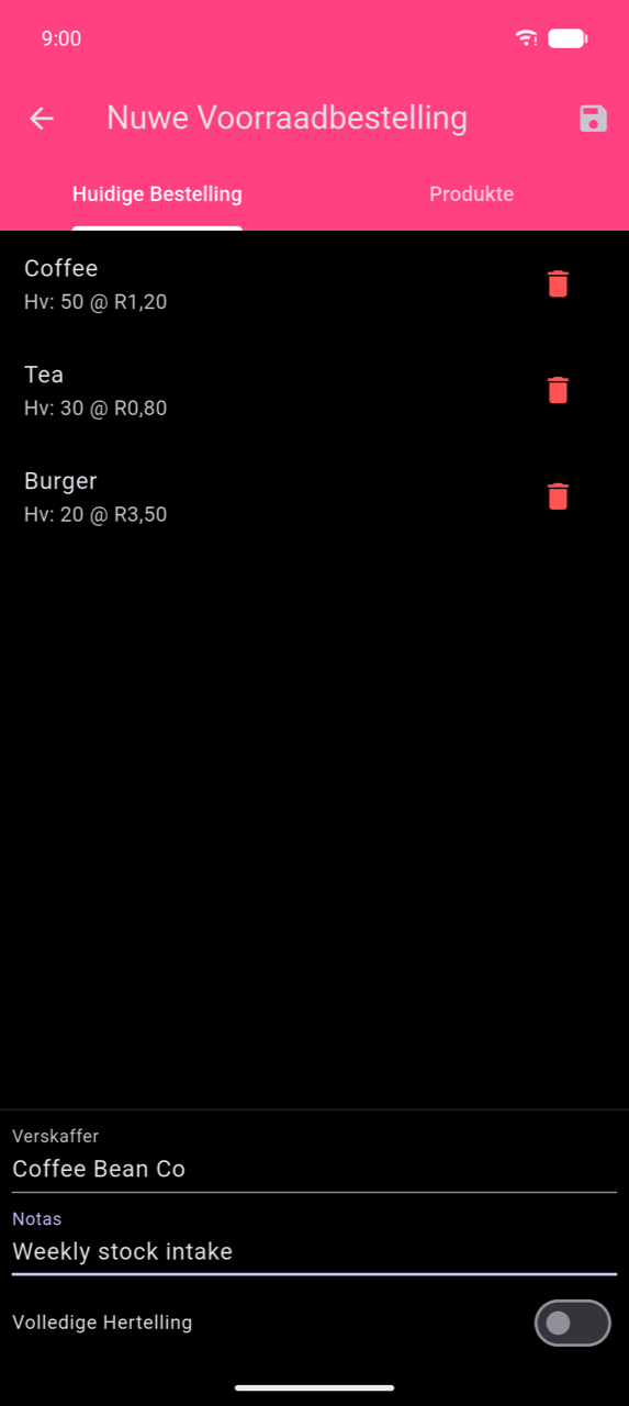 Nuwe Voorraadbestelling, Huidige Bestelling-oortjie: drie lyne — Koffie Hv: 50 @ $1,20, Tee Hv: 30 @ $0,80, Burger Hv: 20 @ $3,50 — elk met 'n asblikpiktogram; Verskaffer-veld ("Coffee Bean Co"), Notas-veld ("Weeklikse voorraadopname"), en Volledige Hertelling-skakelaar (af) onderaan