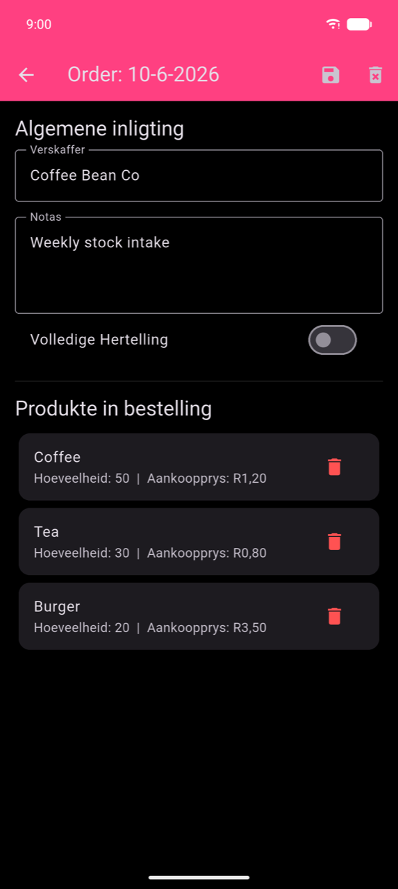 Bestellingbesonderhede vir 10-6-2026: Algemene inligting-afdeling met Verskaffer "Coffee Bean Co" en Notas "Weeklikse voorraadopname", Volledige Hertelling-skakelaar (af), dan Produkte in bestelling — Koffie (Hoeveelheid: 50 | Aankoopprys: $1,20), Tee (Hoeveelheid: 30 | Aankoopprys: $0,80), Burger (Hoeveelheid: 20 | Aankoopprys: $3,50) — elk met 'n asblikpiktogram