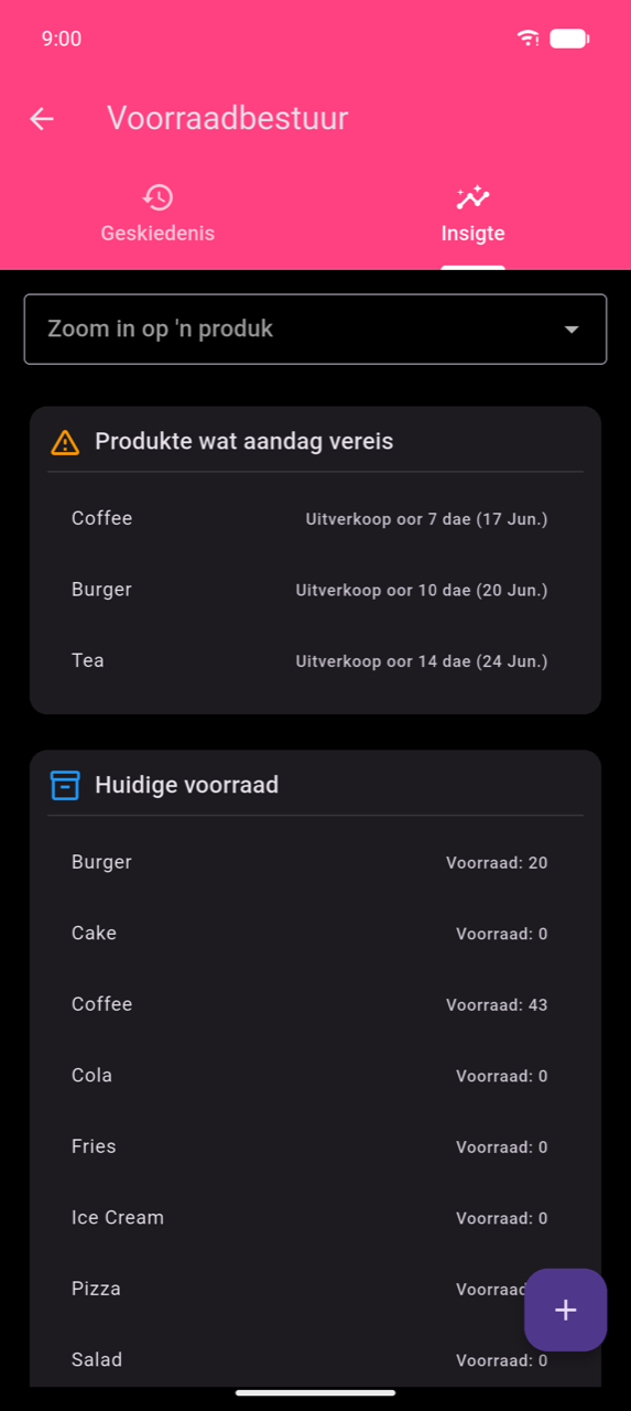 Voorraadbestuur, Insigte-oortjie: "Zoom in op 'n produk"-aftrekkieslys; "Produkte wat aandag vereis"-kaart wat Koffie lys (Uitverkoop oor 7 dae, 17 Jun), Burger (Uitverkoop oor 10 dae, 20 Jun), Tee (Uitverkoop oor 14 dae, 24 Jun); "Huidige voorraad"-kaart wat Burger 20, Koek 0, Koffie 43, Cola 0, Friet 0, Roomys 0 wys, met meer produkte onder die vou
