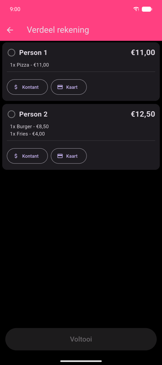 Verdeel rekening-betaalstap: Persoon 1-kaart (€11,00, 1× Pizza) met Kontant- en Kaart-knoppies; Persoon 2-kaart (€12,00, 1× Burger + 1× Slaptjips) met Kontant- en Kaart-knoppies; vergrysde Voltooi-knoppie