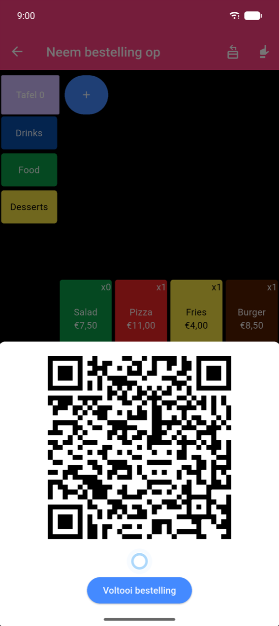 SEPA QR skerm: Neem bestelling op appbalk met tafel- en kategorie-knoppies sigbaar agter 'n groot wit SEPA-betaal-QR-kode; Voltooi bestelling-knoppie onderaan