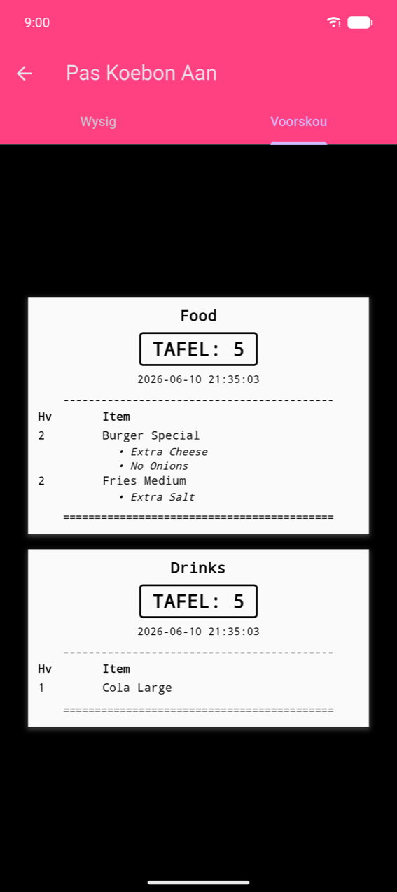 Pas Koebon Aan, Voorskou-oortjie: twee per-kategorie-kaartjies — "Kos" (TAFEL: 5, 2× Burger Spesiaal met Ekstra Kaas en Geen Uie opsies, 2× Slaptjips Medium met Ekstra Sout) en "Drankies" (TAFEL: 5, 1× Cola Groot) — elk geskei deur 'n dubbellyn