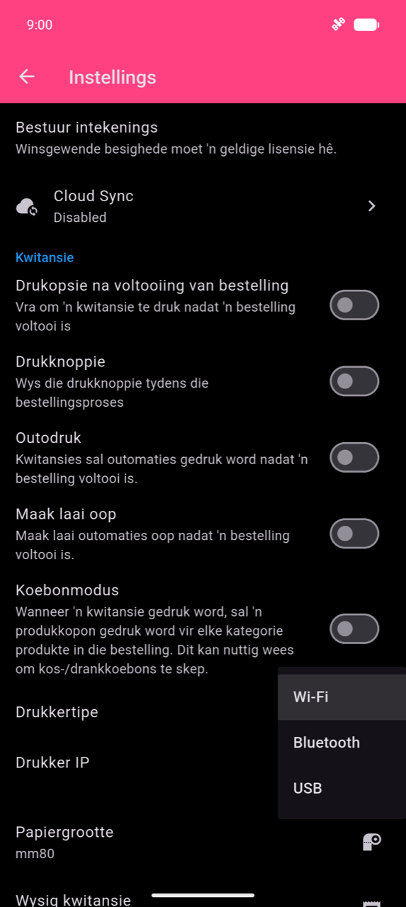 Kwitansie-afdeling in Instellings met die Drukkertipe-aftreklys oop, wat die drie opsies wys: Wi-Fi, Bluetooth en USB