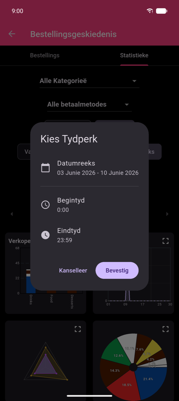 Kies Tydperk-dialoog oor die Statistieke-skerm. Drie rye: Datumreeks (wat 03 Junie 2026 – 10 Junie 2026 wys), Begintyd (12:00 vm), en Eindtyd (11:59 nm). Kanselleer en Bevestig-knoppies onderaan.