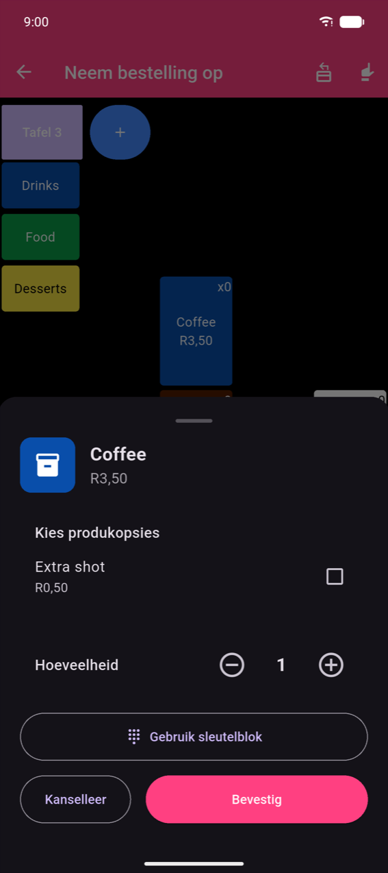 Produkblad vir Koffie (R3,50): "Kies produkopsies" met 'n Ekstra skoot-merkblokkie (R0,50), 'n Hoeveelheid-stapper (− 1 +), 'n Gebruik sleutelblok-knoppie, en Kanselleer / Bevestig-knoppies.