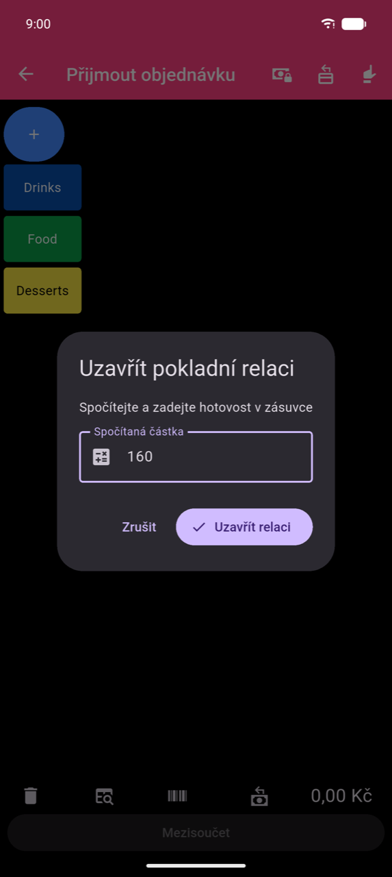 Dialog Uzavřít pokladní relaci: „Spočítejte a zadejte hotovost v zásuvce", pole Spočítaná částka s hodnotou 160, tlačítka Zrušit a Uzavřít relaci