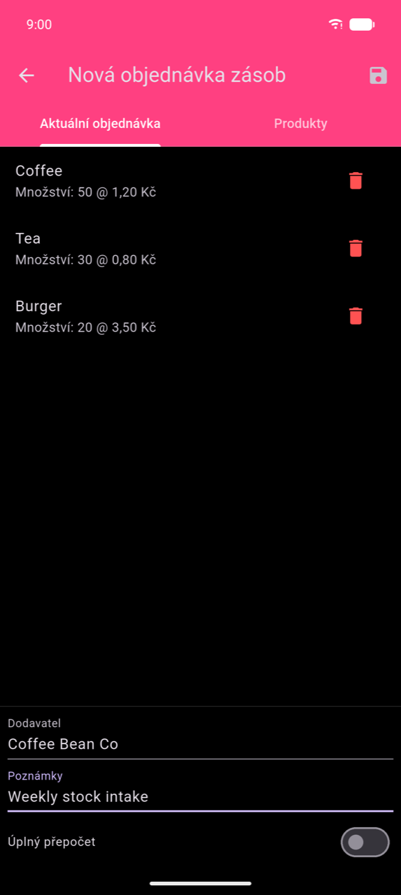 Nová inventurní objednávka, záložka Aktuální objednávka: tři řádky – Káva Qty: 50 @ 1,20 $, Čaj Qty: 30 @ 0,80 $, Burger Qty: 20 @ 3,50 $ – každý s ikonou koše; pole Dodavatel („Coffee Bean Co"), pole Poznámky („Týdenní příjem zboží") a přepínač Úplný přepočet (vypnut) v dolní části