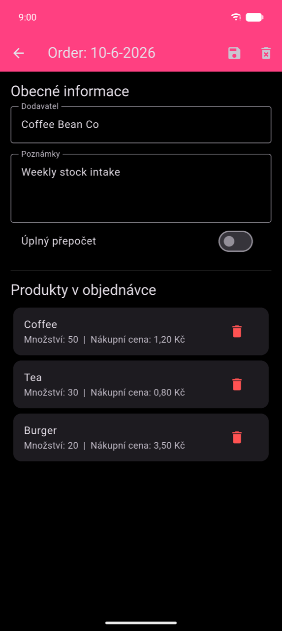 Detail objednávky ze 10. 6. 2026: sekce Obecné informace s Dodavatelem „Coffee Bean Co" a Poznámkami „Týdenní příjem zboží", přepínač Úplný přepočet (vypnut), poté Produkty v objednávce – Káva (Množství: 50 | Nákupní cena: 1,20 $), Čaj (Množství: 30 | Nákupní cena: 0,80 $), Burger (Množství: 20 | Nákupní cena: 3,50 $) – každý s ikonou koše