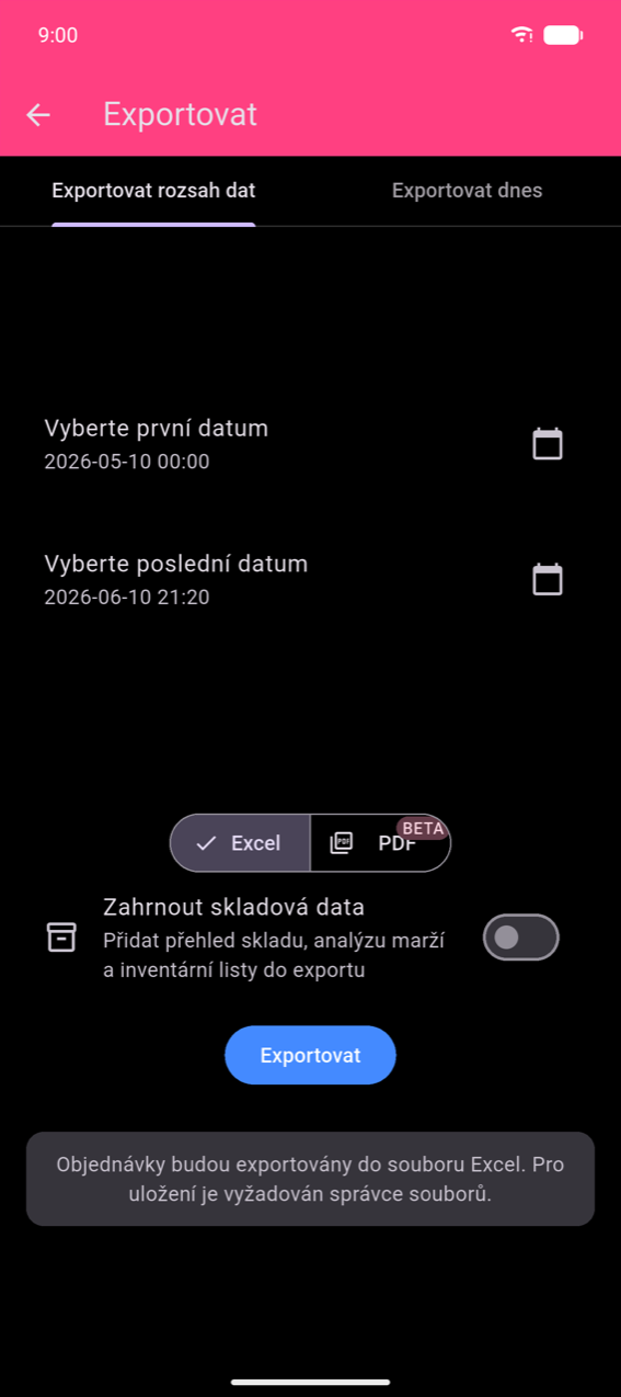 Obrazovka exportu, záložka Exportovat rozsah dat: Vybrat první datum 2026-05-10 00:00 a Vybrat poslední datum 2026-06-10 21:20 každé s ikonou kalendáře; přepínač formátu Excel / PDF BETA s vybraným Excel; přepínač Zahrnout skladová data (vypnuto); modré tlačítko Exportovat; snackbar s textem „Vaše objednávky budou exportovány do souboru Excel. Pokud chcete tento soubor uložit lokálně, budete potřebovat nainstalovaný správce souborů."