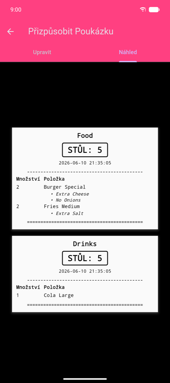 Přizpůsobit Poukázku, záložka Náhled: dva lístky podle kategorií — „Jídlo" (STŮL: 5, 2× Burger Speciál s Extra Sýrem a Bez Cibule, 2× Hranolky Střední s Extra Solí) a „Nápoje" (STŮL: 5, 1× Cola Velká) — každý oddělený dvojitou čárou
