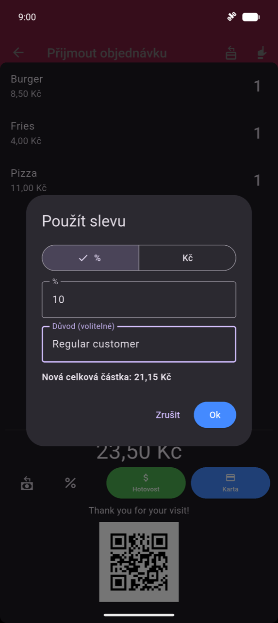 Dialog Použít slevu: přepínač typu % / Kč s vybraným %; pole hodnoty zobrazující 10; pole Důvod (volitelné) zobrazující „Stálý zákazník"; náhled Nový součet: 635,00 Kč; tlačítka Zrušit a Ok; za dialogem objednávka zobrazuje Burger 255,00 Kč ×1, Hranolky 120,00 Kč ×1, Pizza 330,00 Kč ×1 a lišta placení 705,00 Kč s tlačítky Hotovost a Karta