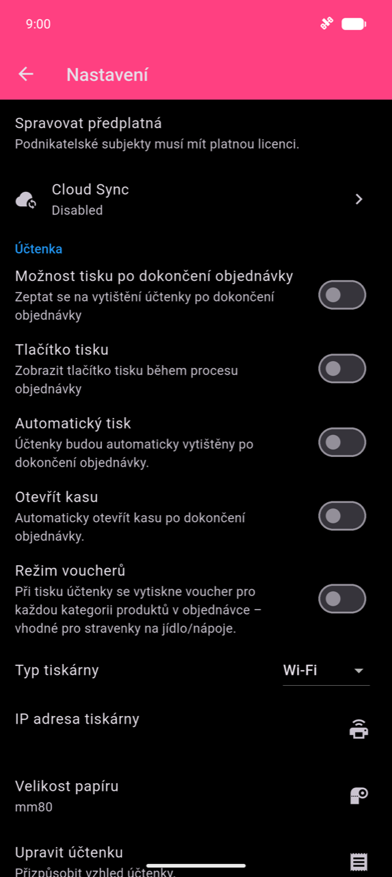Obrazovka Nastavení: Cloud Sync (Zakázáno), pak sekce Účtenka s přepínači pro Možnost tisku po dokončení objednávky, Tlačítko tisku, Automatický tisk, Otevřít kasu a Režim voucherů (vše vypnuto), dále Typ tiskárny (Wi-Fi), IP adresa tiskárny, Velikost papíru (mm80) a Upravit účtenku