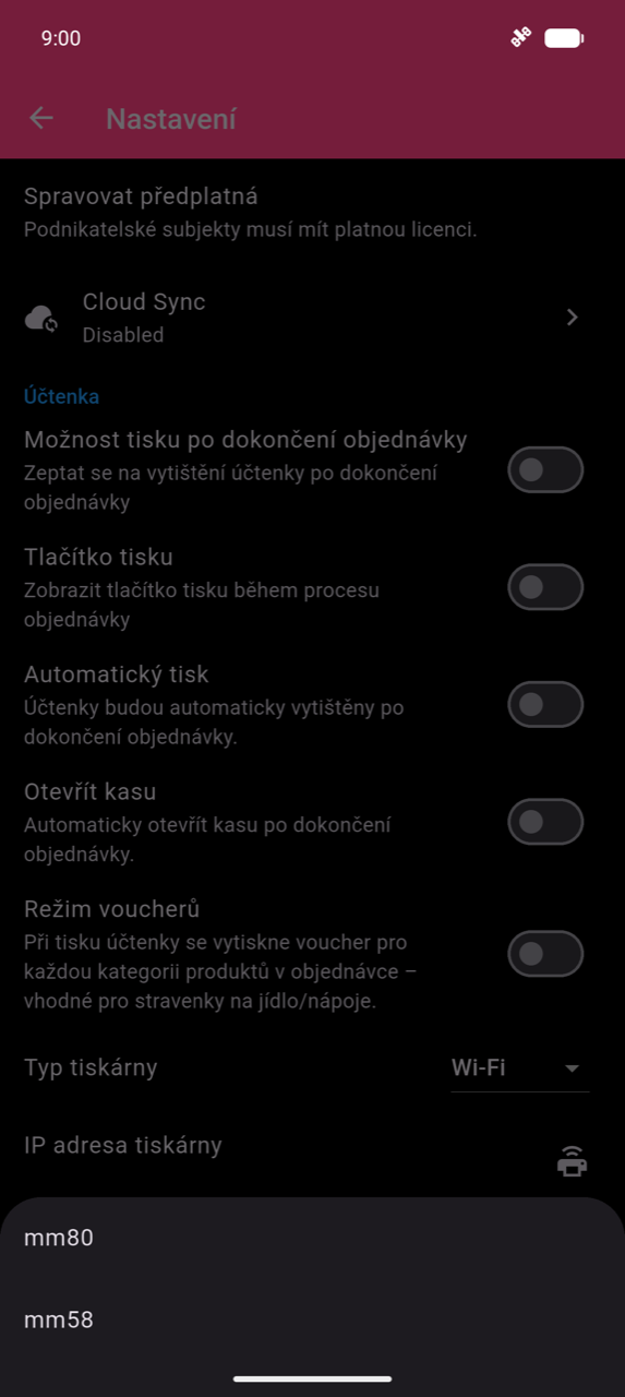 Spodní panel Velikost papíru se dvěma možnostmi: mm80 a mm58