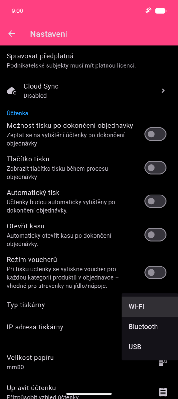 Sekce Účtenka v Nastavení s otevřeným rozevíracím menu Typ tiskárny, zobrazujícím tři možnosti: Wi-Fi, Bluetooth a USB