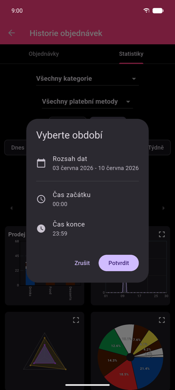 Dialog Vyberte období nad obrazovkou Statistiky. Tři řádky: Rozsah dat (zobrazující 03. 6. 2026 – 10. 6. 2026), Čas začátku (12:00 AM) a Čas konce (11:59 PM). Tlačítka Zrušit a Potvrdit dole.