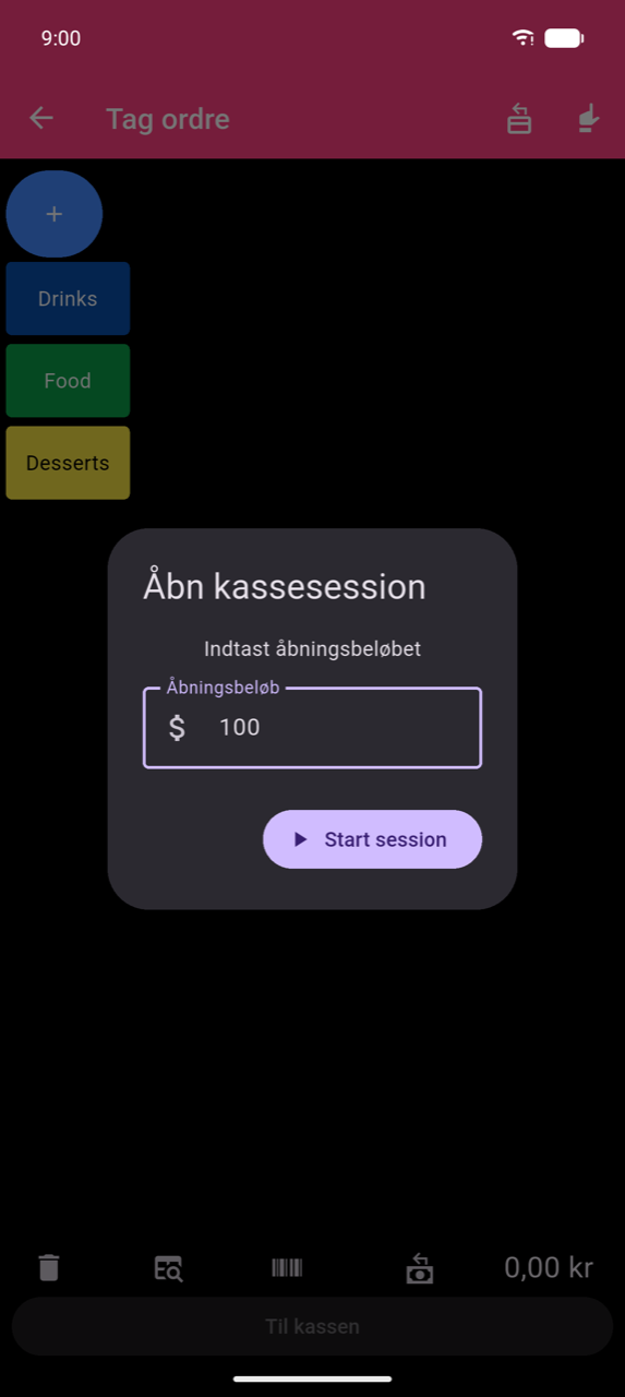 Åbn kassesession-dialog over Tag ordre-skærmen: "Enter the opening cash amount", Åbningsbeløb-felt med værdien 100, Start session-knap — ingen Annuller-knap