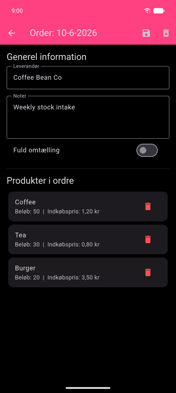 Ordredetalje for 10-6-2026: sektionen Generel information med Leverandør "Coffee Bean Co" og Noter "Ugentlig lageropfyldning", til/fra-knappen Fuld omtælling (slået fra), derefter Produkter i ordre — Kaffe (Mængde: 50 | Indkøbspris: $1,20), Te (Mængde: 30 | Indkøbspris: $0,80), Burger (Mængde: 20 | Indkøbspris: $3,50) — hver med et skraldespandsikon