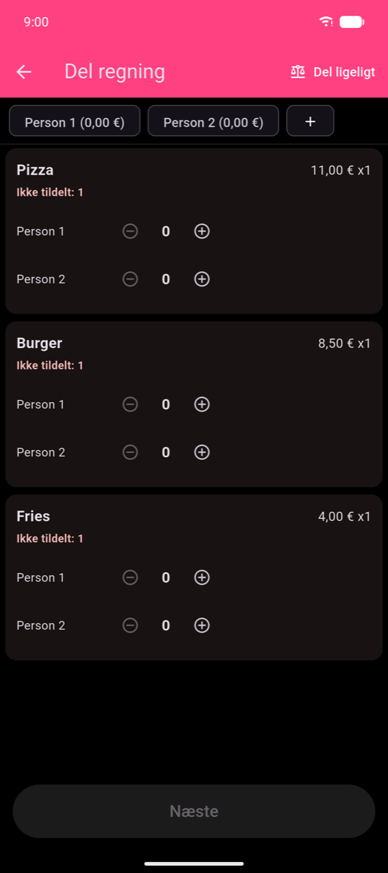 Del regning tildelingstrin: Person 1- og Person 2-chips (begge 0,00 kr) øverst; tre produktkort — Pizza (11,00 kr ×1, Ikke tildelt: 1), Burger (8,50 kr ×1, Ikke tildelt: 1), Fries (4,00 kr ×1, Ikke tildelt: 1) — hver med per-person ±-tællere; nedtonet Næste-knap
