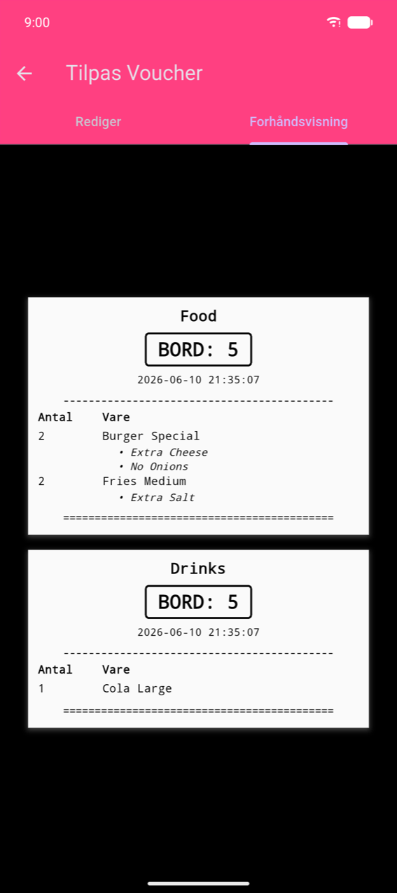 Tilpas Voucher, Forhåndsvisning-fane: to per-kategori-billetter — "Food" (BORD: 5, 2× Burger Special med Extra Cheese og No Onions tilvalg, 2× Fries Medium med Extra Salt) og "Drinks" (BORD: 5, 1× Cola Large) — hver adskilt af en dobbelt linje