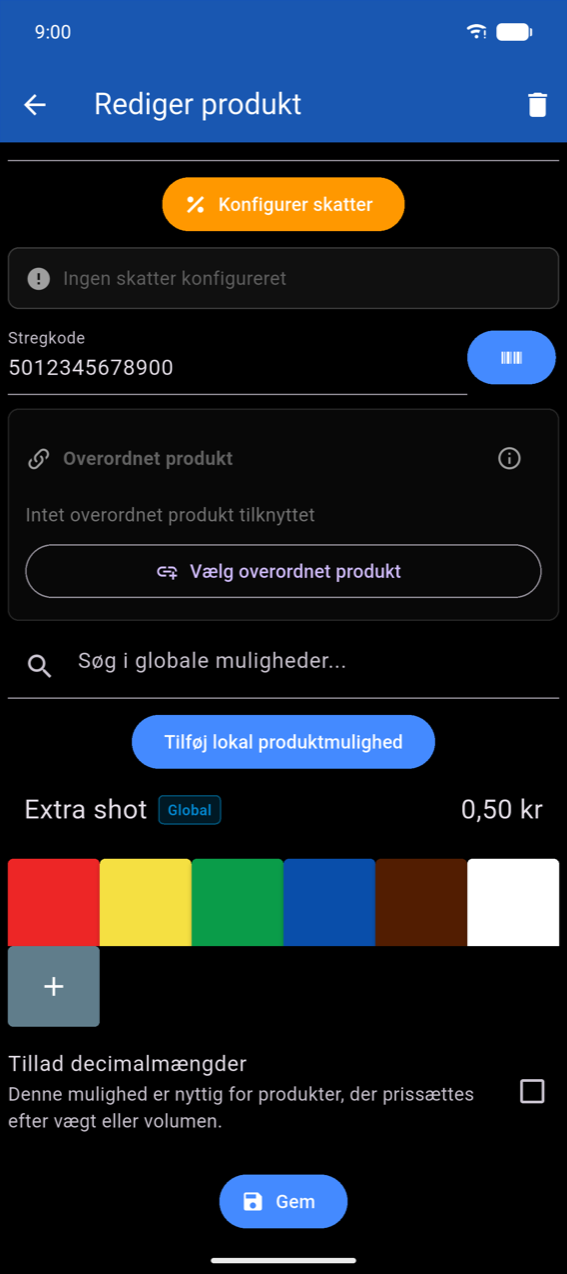 Nedre sektion af Rediger produkt: farvefelter med + brugerdefineret-knap, Tillad decimalmængder-toggle med beskrivelsen "This option is useful for products that are priced by weight or volume.", Gem-knap