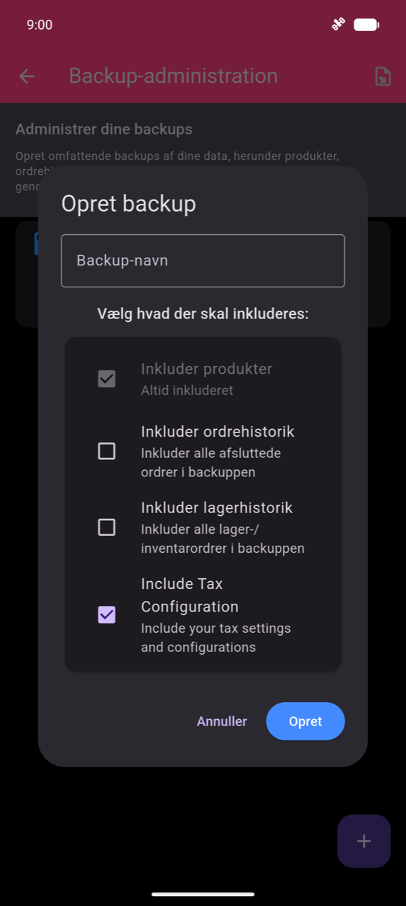 Opret Backup-dialog: Backup-navn-tekstfelt; afkrydsningsfelter for Inkluder produkter (altid inkluderet, forudafkrydset), Inkluder ordrehistorik, Inkluder lagerhistorik og Inkluder momsopsætning (afkrydset); Annuller- og Opret-knapper