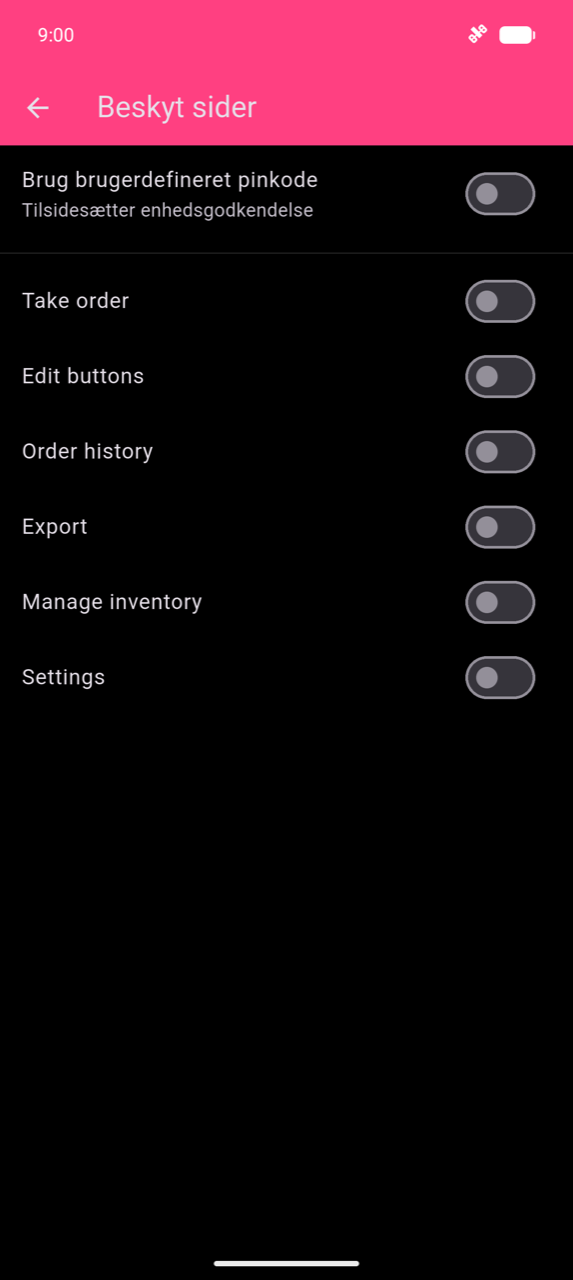 Beskyt sider-skærm: Brug brugerdefineret pinkode-toggle øverst (slukket, undertitel "Overrides device authentication"), derefter seks side-toggles — Tag ordre, Rediger knapper, Ordrehistorik, Eksporter, Administrer lager, Indstillinger — alle slukket