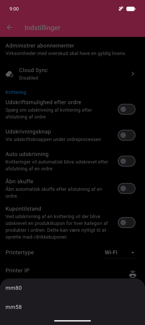 Papirstørrelse-bundark med to muligheder: mm80 og mm58