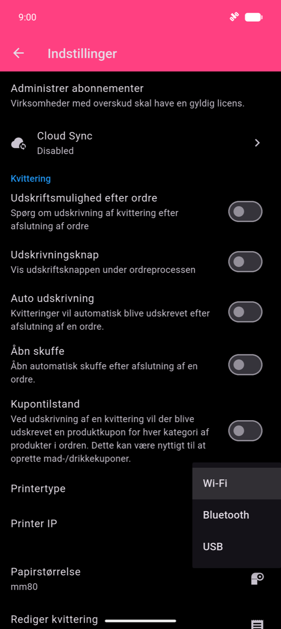 Kvittering-sektion i Indstillinger med Printertype-dropdownen åben, der viser tre muligheder: Wi-Fi, Bluetooth og USB
