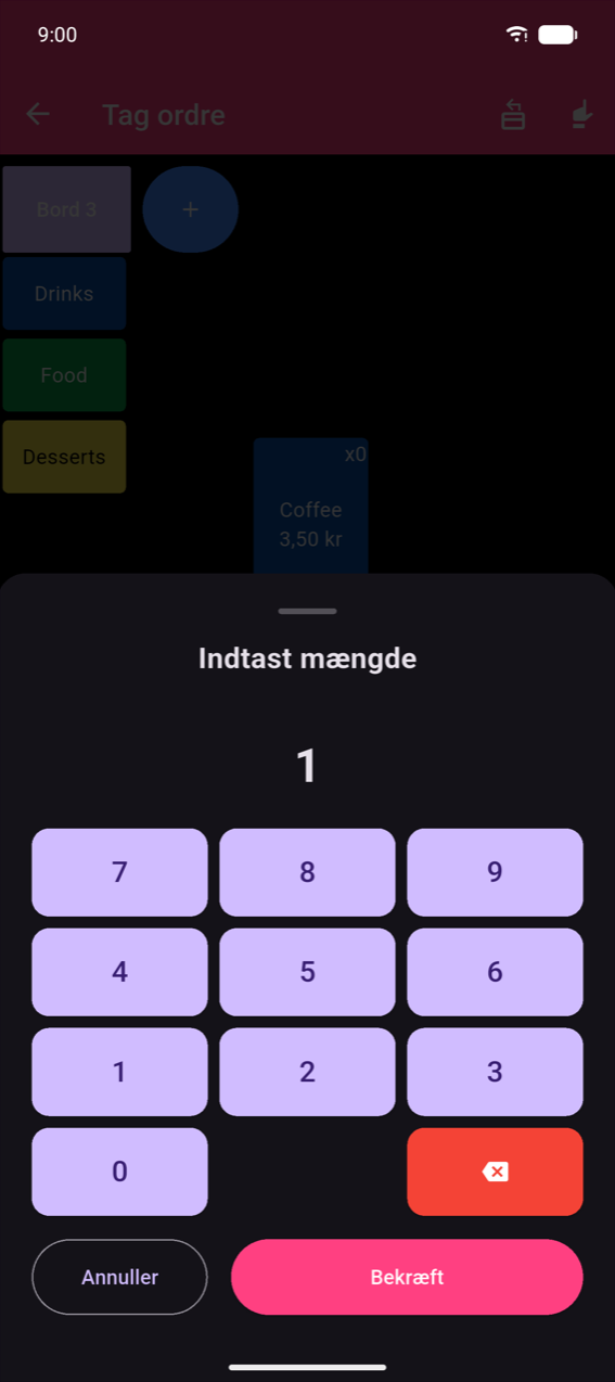 Indtast mængde-ark: overskriften "Indtast mængde", aktuel værdi 1, et 3×4 numerisk tastatur med en backspace-tast og Annuller/Bekræft-knapper.