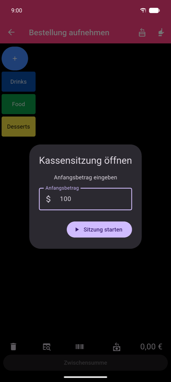 Dialog „Kassensitzung öffnen" über dem Bildschirm „Bestellung aufnehmen": „Geben Sie den Anfangsbetrag ein", Feld „Anfangsbetrag" mit 100, Schaltfläche „Sitzung starten" — keine Schaltfläche „Abbrechen"