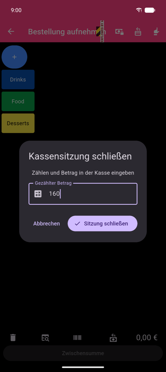 Dialog „Kassensitzung schließen": „Zählen und geben Sie das Bargeld in der Kasse ein", Feld „Gezählter Betrag" mit 160, Schaltflächen „Abbrechen" und „Sitzung schließen"