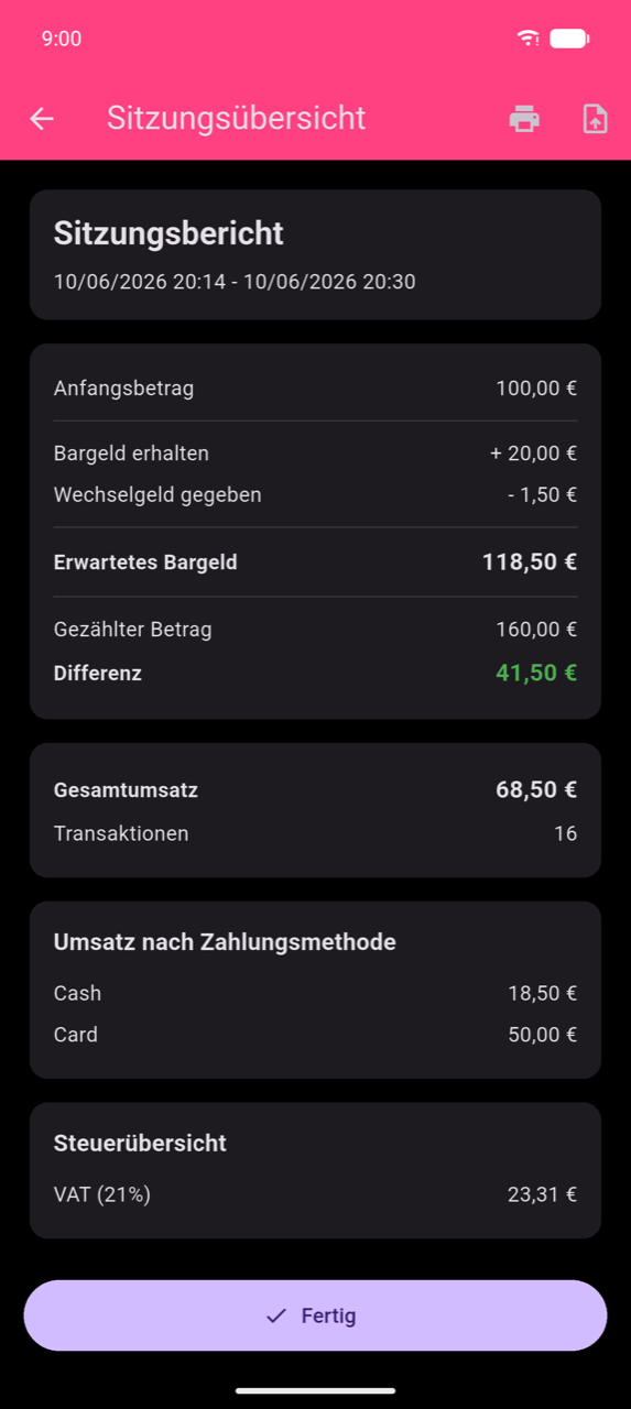 Sitzungsübersicht: Karte „Sitzungsbericht" mit Datumsbereich, Bargeld-Berechnungskarte (Anfangsbetrag, Bargeld erhalten, Wechselgeld gegeben, Erwartetes Bargeld, Gezählter Betrag, Differenz in grün), Gesamtumsatz und Transaktionen, Umsatz nach Zahlungsmethode (Bargeld und Karte), Steueraufschlüsselung (MwSt. 21%), Schaltfläche „Fertig"