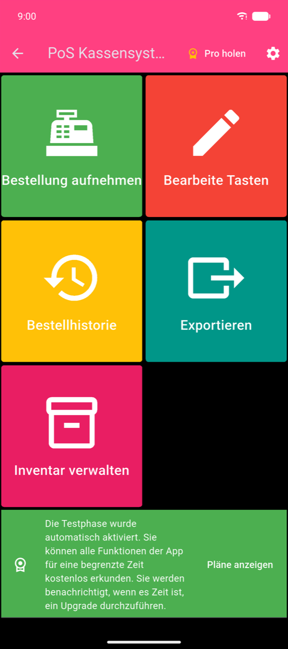 Hauptmenü: fünf farbige Kacheln (Bestellung aufnehmen, Bearbeite Tasten, Bestellhistorie, Exportieren, Inventar verwalten) mit dem Zahnrad-Symbol in der pinken App-Leiste