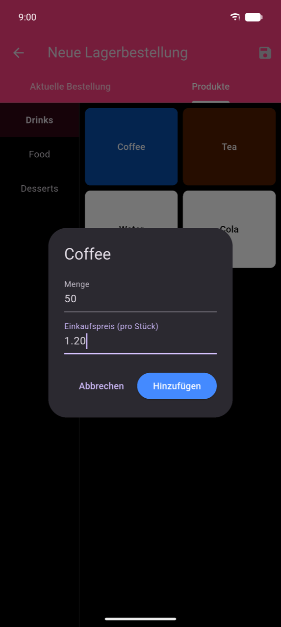 Dialog „Produkt hinzufügen" über der Registerkarte „Produkte": Produktraster mit Coffee (ausgewählt, blau), Tea, Water und Cola; Dialog mit dem Titel „Coffee", Feld „Menge" auf 50 gesetzt und Feld „Einkaufspreis (pro Stück)" auf 1,20 €; Schaltflächen „Abbrechen" und „Hinzufügen"