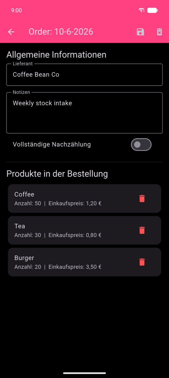 Auftragsdetail für 10.6.2026: Abschnitt „Allgemeine Informationen" mit Lieferant „Coffee Bean Co" und Notizen „Wöchentliche Lagerauffüllung", Schalter „Vollständige Nachzählung" (aus), dann „Produkte in der Bestellung" — Coffee (Menge: 50 | Einkaufspreis: 1,20 €), Tea (Menge: 30 | Einkaufspreis: 0,80 €), Burger (Menge: 20 | Einkaufspreis: 3,50 €) — jedes mit einem Papierkorb-Symbol