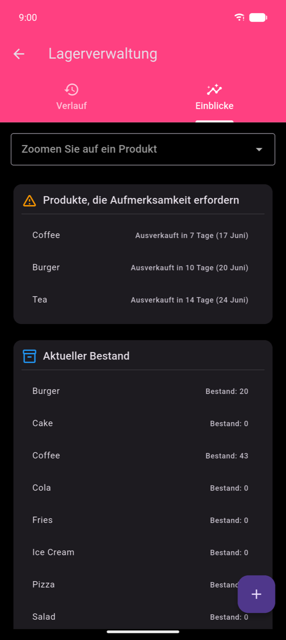 Inventarverwaltung, Registerkarte „Einblicke": Dropdown „Produkt heranzoomen"; Karte „Produkte, die Aufmerksamkeit erfordern" mit Coffee (Ausverkauft in 7 Tagen, 17. Jun), Burger (Ausverkauft in 10 Tagen, 20. Jun), Tea (Ausverkauft in 14 Tagen, 24. Jun); Karte „Aktueller Bestand" mit Burger 20, Cake 0, Coffee 43, Cola 0, Fries 0, Ice Cream 0, und weiteren Produkten unterhalb des sichtbaren Bereichs
