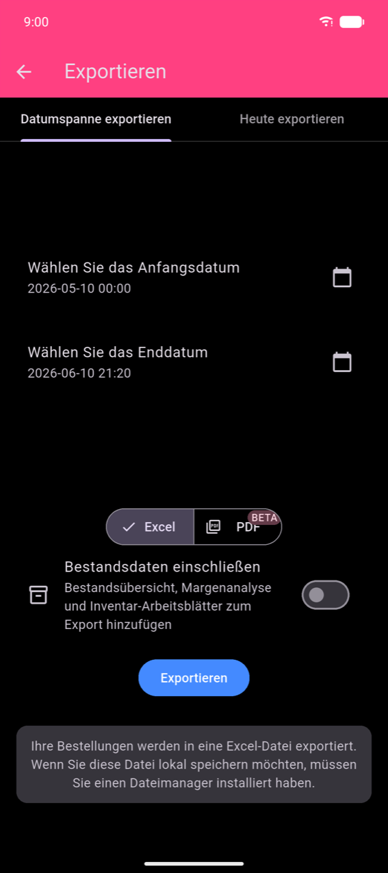 Export-Bildschirm, Registerkarte „Datumspanne exportieren": „Wählen Sie das Anfangsdatum" 2026-05-10 00:00 und „Wählen Sie das Enddatum" 2026-06-10 21:20, jede mit einem Kalender-Symbol; Format-Umschalter Excel / PDF BETA mit ausgewähltem Excel; Schalter „Bestandsdaten einschließen" (aus); blaue Schaltfläche „Exportieren"; Snackbar mit „Ihre Bestellungen werden in eine Excel-Datei exportiert. Wenn Sie diese Datei lokal speichern möchten, müssen Sie einen Datei-Explorer installiert haben."