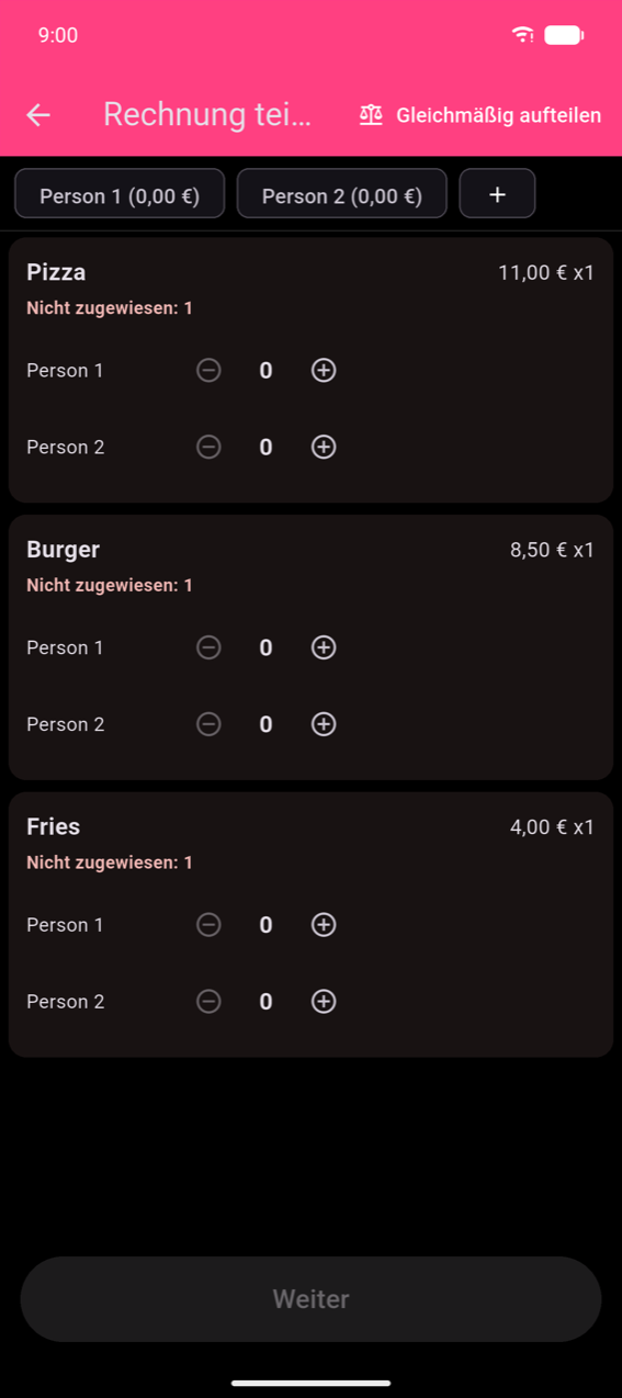 Zuweisungsschritt „Split the Bill": Chips „Person 1" und „Person 2" (beide 0,00 €) oben; drei Produktkarten — Pizza (11,00 € ×1, Nicht zugewiesen: 1), Burger (8,50 € ×1, Nicht zugewiesen: 1), Fries (4,00 € ×1, Nicht zugewiesen: 1) — jede mit ± Steppern pro Person; ausgegrauete Schaltfläche „Weiter"