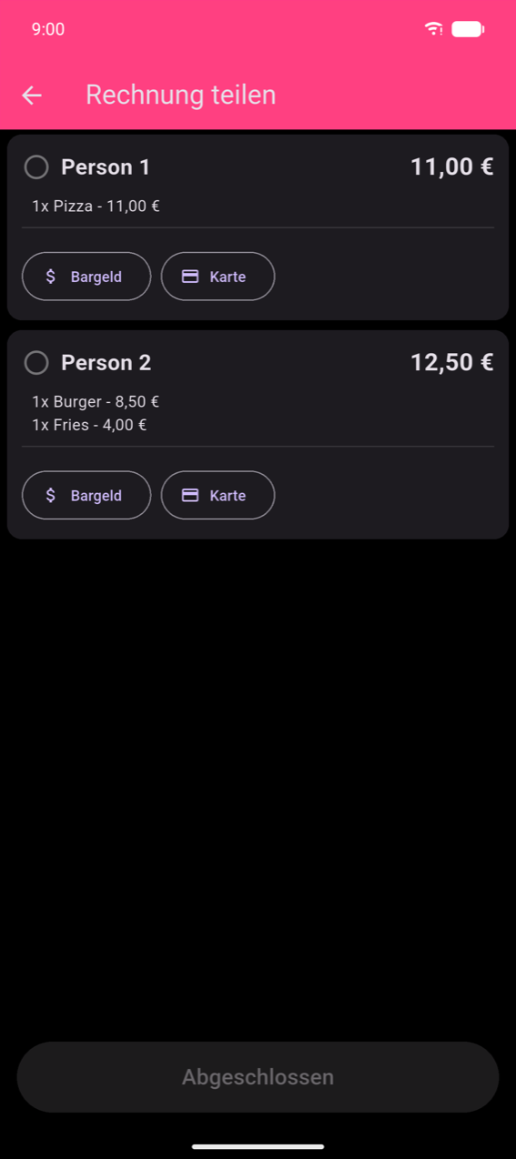 Zahlungsschritt „Split the Bill": Karte Person 1 (11,00 €, 1× Pizza) mit Schaltflächen „Bargeld" und „Karte"; Karte Person 2 (12,50 €, 1× Burger + 1× Fries) mit Schaltflächen „Bargeld" und „Karte"; ausgegrauete Schaltfläche „Abgeschlossen"