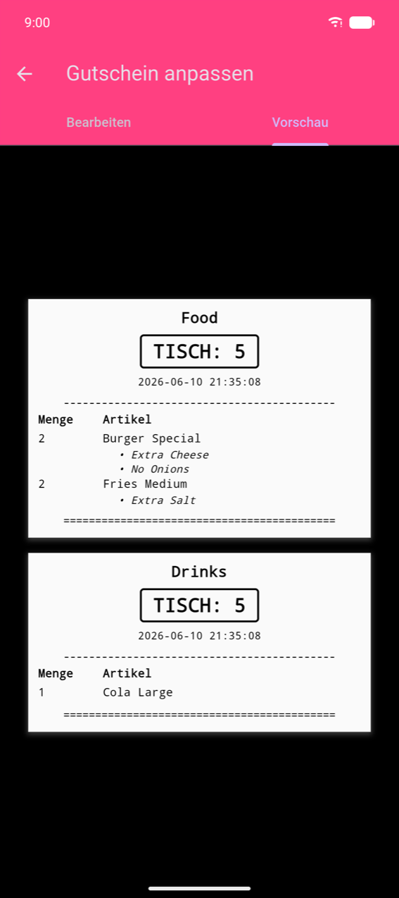 „Gutschein anpassen", Registerkarte „Vorschau": zwei Tickets pro Kategorie — „Food" (TISCH: 5, 2× Burger Special mit Optionen Extra Cheese und No Onions, 2× Fries Medium mit Extra Salt) und „Drinks" (TISCH: 5, 1× Cola Large) — jeweils durch eine Doppellinie getrennt