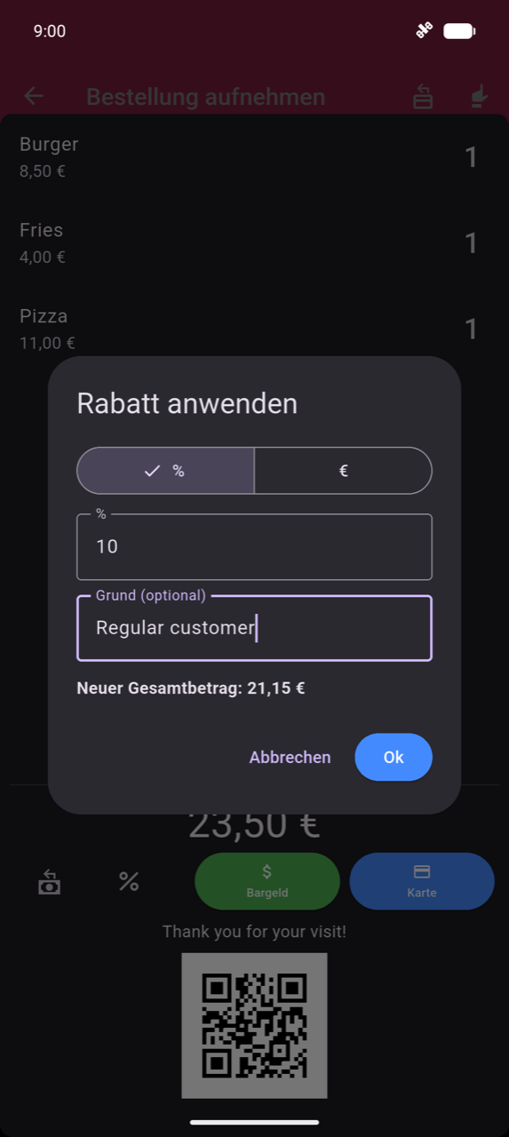 Dialog „Rabatt anwenden": % / $-Typ-Umschalter mit ausgewähltem %; Wertfeld mit 10; optionales Feld „Grund" mit „Stammkunde"; Vorschau „Neuer Gesamtbetrag: 21,15 €"; Schaltflächen „Abbrechen" und „OK"; hinter dem Dialog zeigt die Bestellung Burger 8,50 € ×1, Fries 4,00 € ×1, Pizza 11,00 € ×1 und die Kasse-Leiste von 23,50 € mit den Schaltflächen „Bargeld" und „Karte"