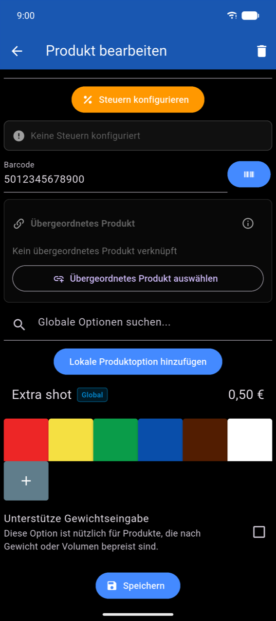 Unterer Bereich von „Produkt bearbeiten": Farbfelder mit + Schaltfläche für benutzerdefinierte Farben, Schalter „Unterstütze Gewichtseingabe" mit Beschreibung „Diese Option ist nützlich für Produkte, die nach Gewicht oder Volumen berechnet werden.", Schaltfläche „Speichern"