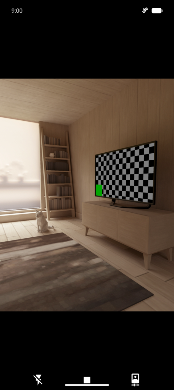 Vollbild-Kamerascanner. Der Sucher füllt den Bildschirm aus; der Emulator zeigt eine Platzhalterszene mit Bücherregalen und einem Fernseher mit Schachbrettmuster. Ein Blitz-Umschaltsymbol befindet sich in der oberen rechten Ecke; Taschenlampen- und Kamera-Dreh-Steuerelemente erscheinen unten. Auf einem echten Gerät zeigt dies den Live-Kamera-Feed — richten Sie ihn auf den physischen Barcode des Produkts, um das Feld automatisch zu füllen.