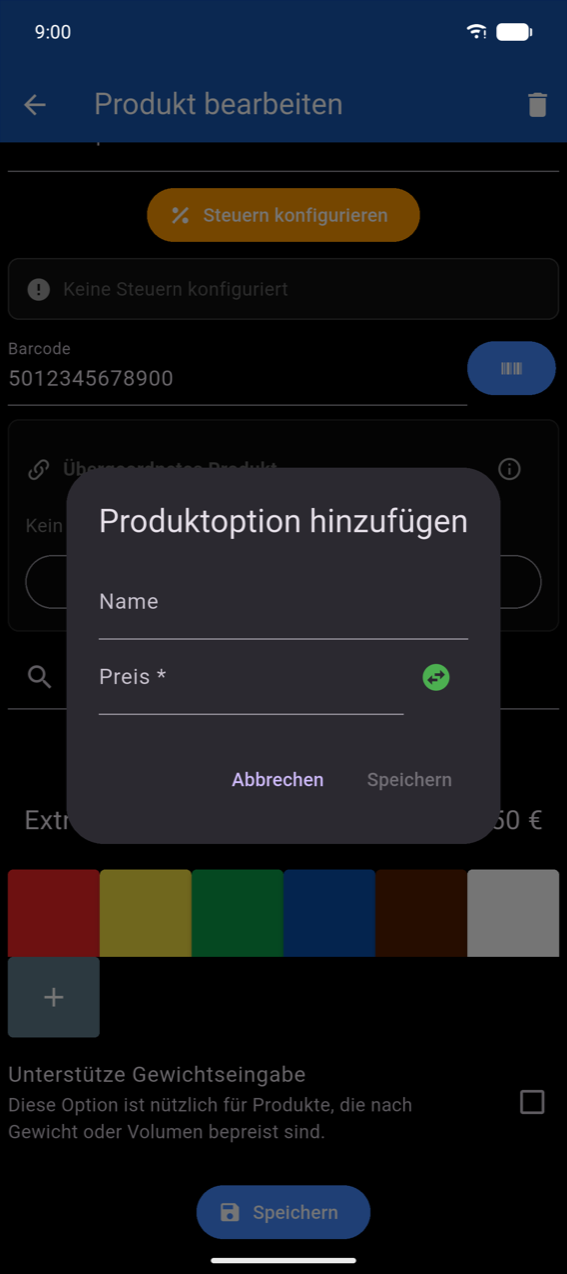 Dialog „Produktoption hinzufügen": Namensfeld, Feld „Preis *" mit Vorzeichenwechsel, Schaltflächen „Abbrechen" und „Speichern" (Speichern deaktiviert, bis ein Name eingegeben ist)