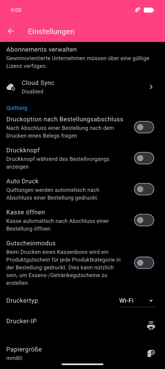 Einstellungsbildschirm: Cloud Sync (Deaktiviert), dann der Abschnitt „Beleg" mit Schaltern für „Druckoption nach Bestellungsabschluss", „Druckknopf", „Auto Druck", „Kasse öffnen" und „Gutscheinmodus" (alle aus), gefolgt von „Druckertyp" (WLAN), „Drucker-IP", „Papiergröße" (mm80) und „Quittung bearbeiten"