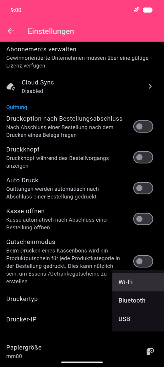 Abschnitt „Beleg" in den Einstellungen mit geöffnetem Dropdown „Druckertyp" mit den drei Optionen: WLAN, Bluetooth und USB