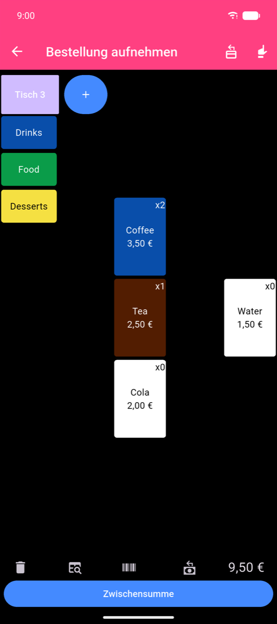 Bildschirm „Bestellung aufnehmen": Kategorien „Drinks", „Food" und „Desserts" auf der linken Seite; Produktschaltflächen Coffee (3,50 € ×2), Tea (2,50 € ×1), Cola und Water auf der rechten Seite mit Mengenbadges. Untere Leiste zeigt Papierkorb-, Suche-, Barcode- und Wechselgeld-Symbole, eine Gesamtsumme von 9,50 € und eine Schaltfläche „Zwischensumme". Oben erscheinen eine Pille „Tisch 3" und eine +-Schaltfläche.